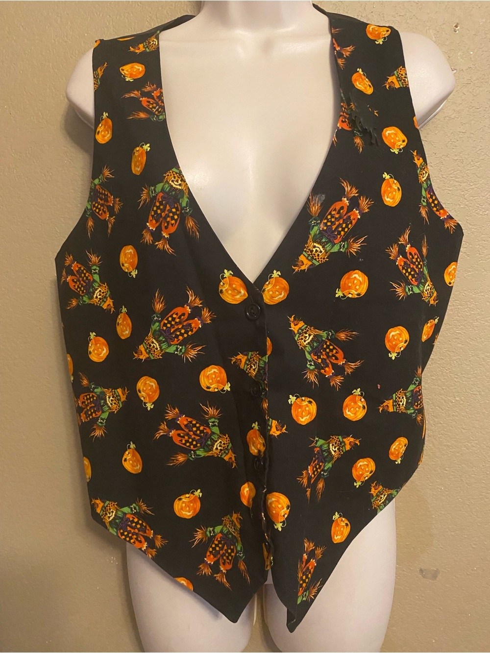 Vintage Halloween Pumpkin Print Vest Black Women's Size M Fabric Spider Pin